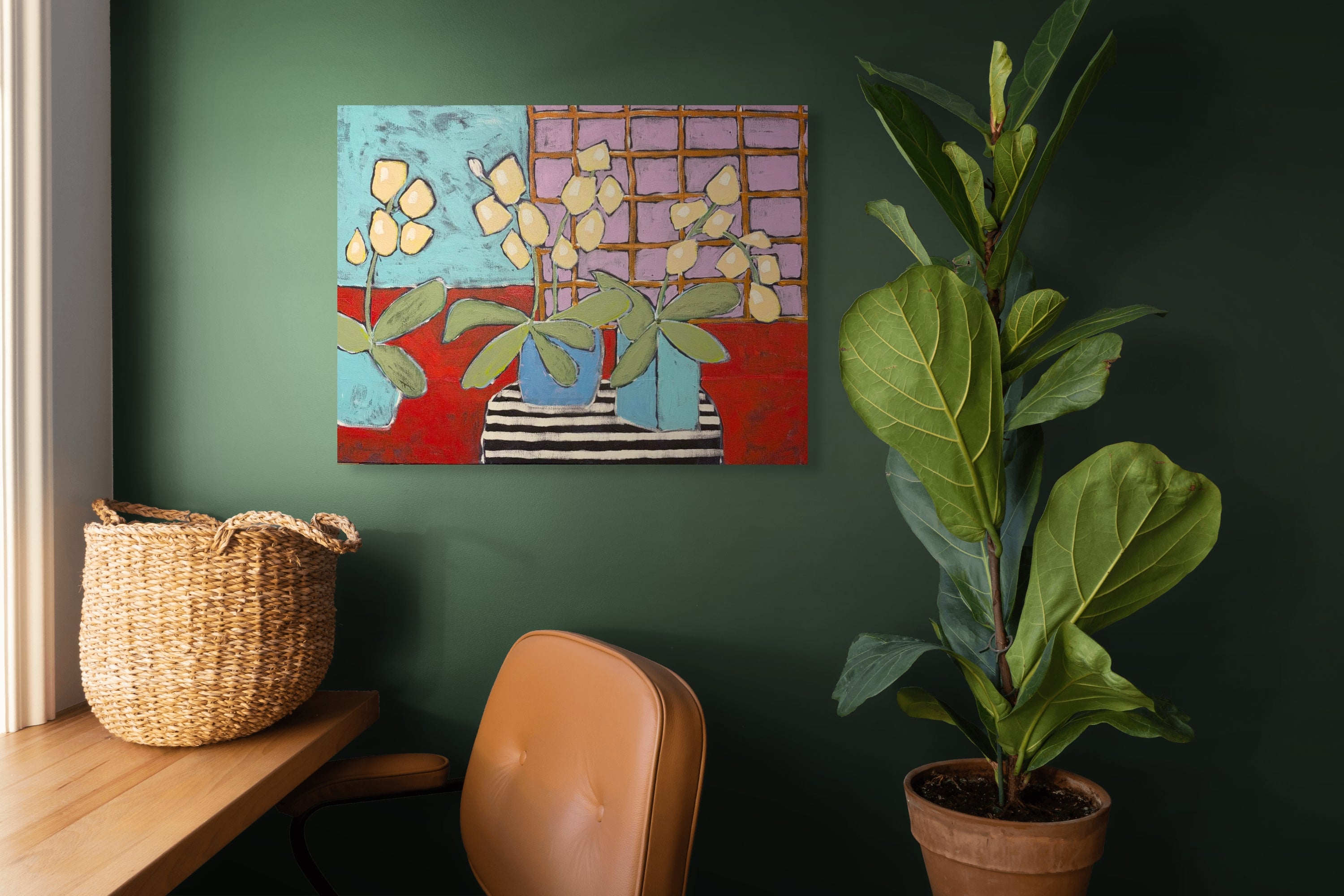 Japanese Screen and Abstract Orchids – Original Acrylic Painting
