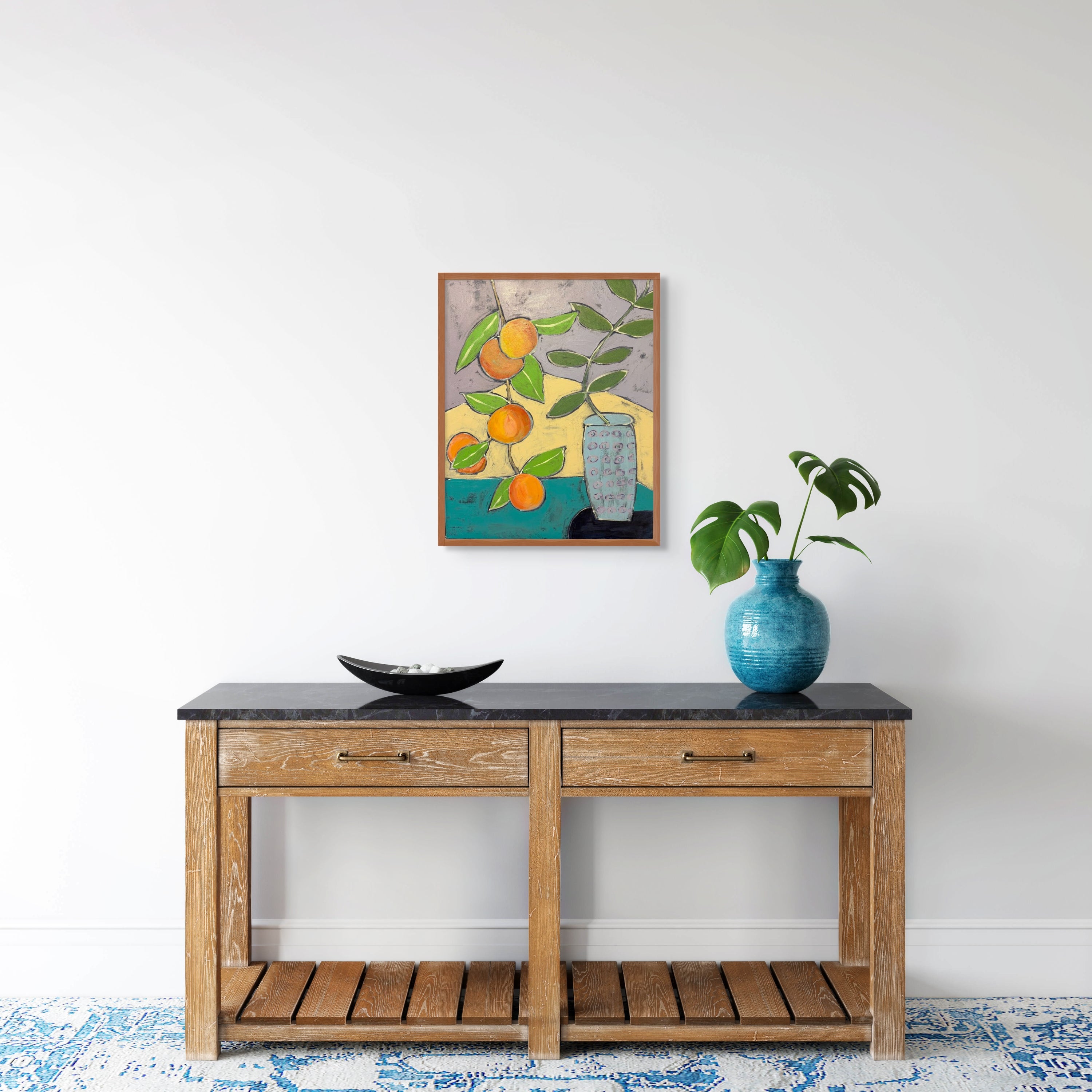 Peaches and Blue Vessel – Original Acrylic Painting