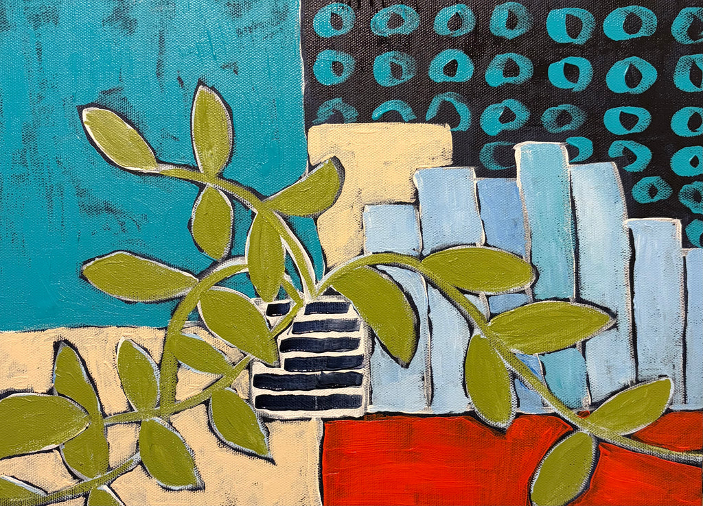 Vibrant Vines Among Books – Original Acrylic Painting