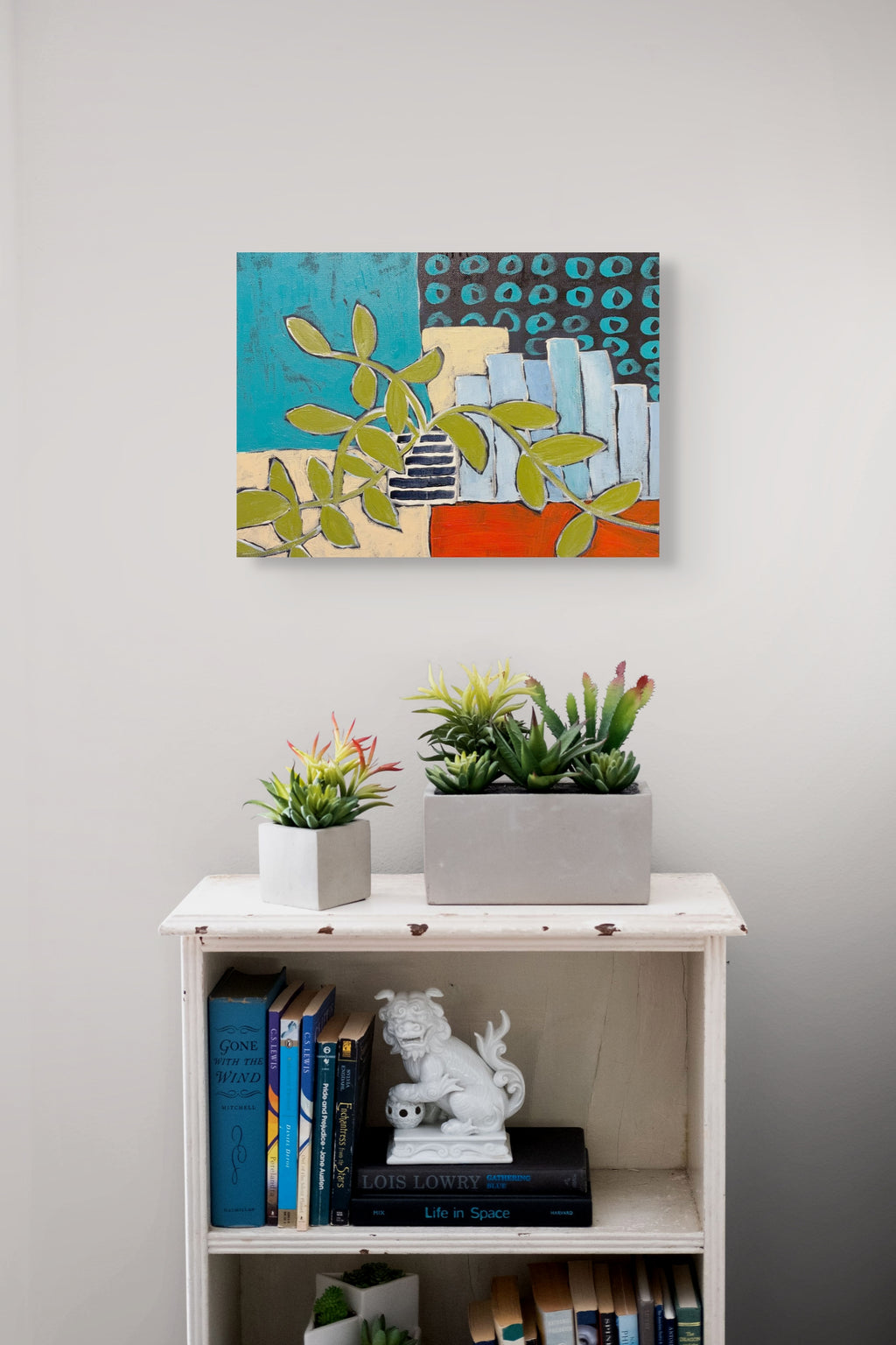 Vibrant Vines Among Books – Original Acrylic Painting