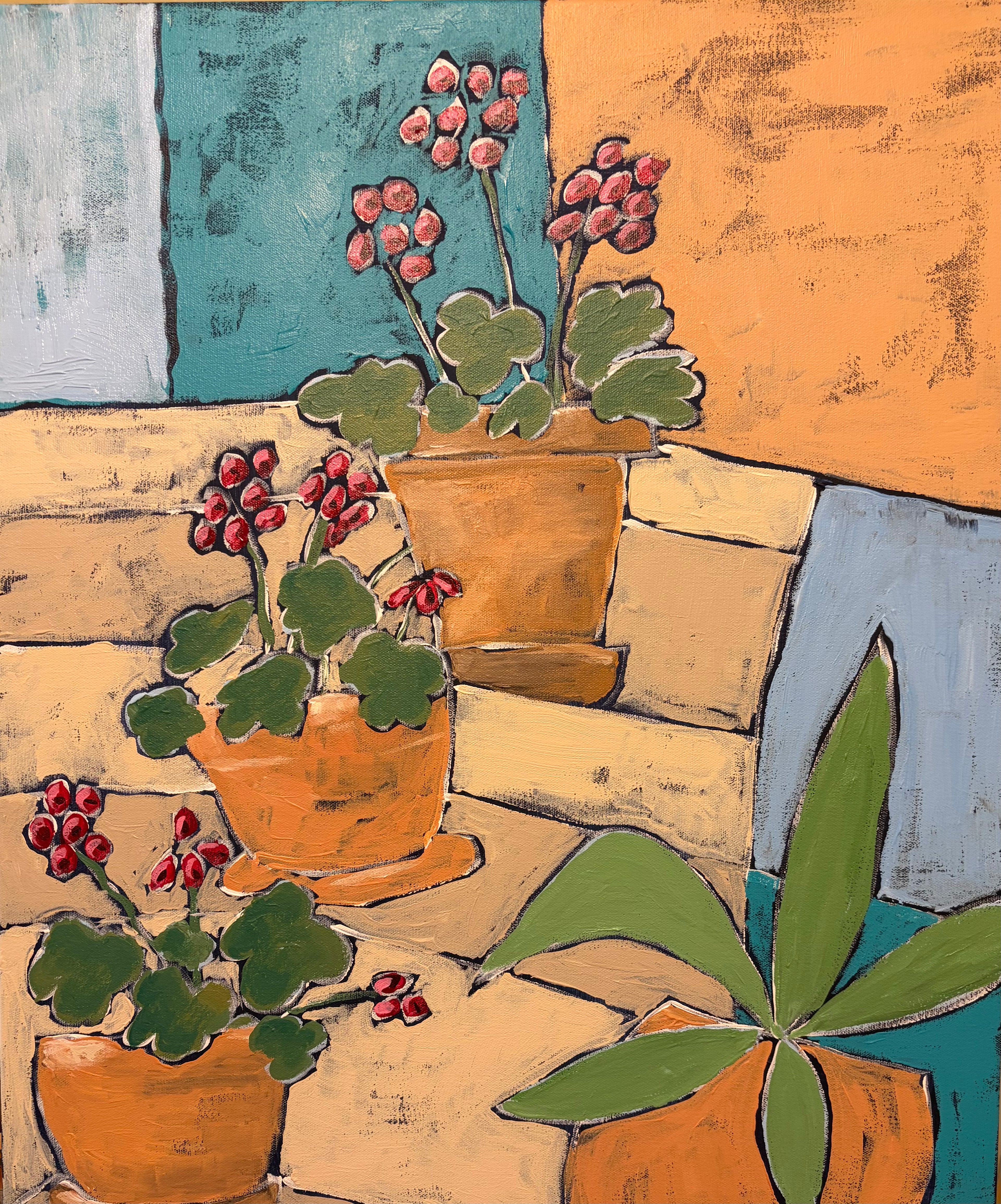 Crimson Clusters on Quiet Steps – Original Acrylic Painting