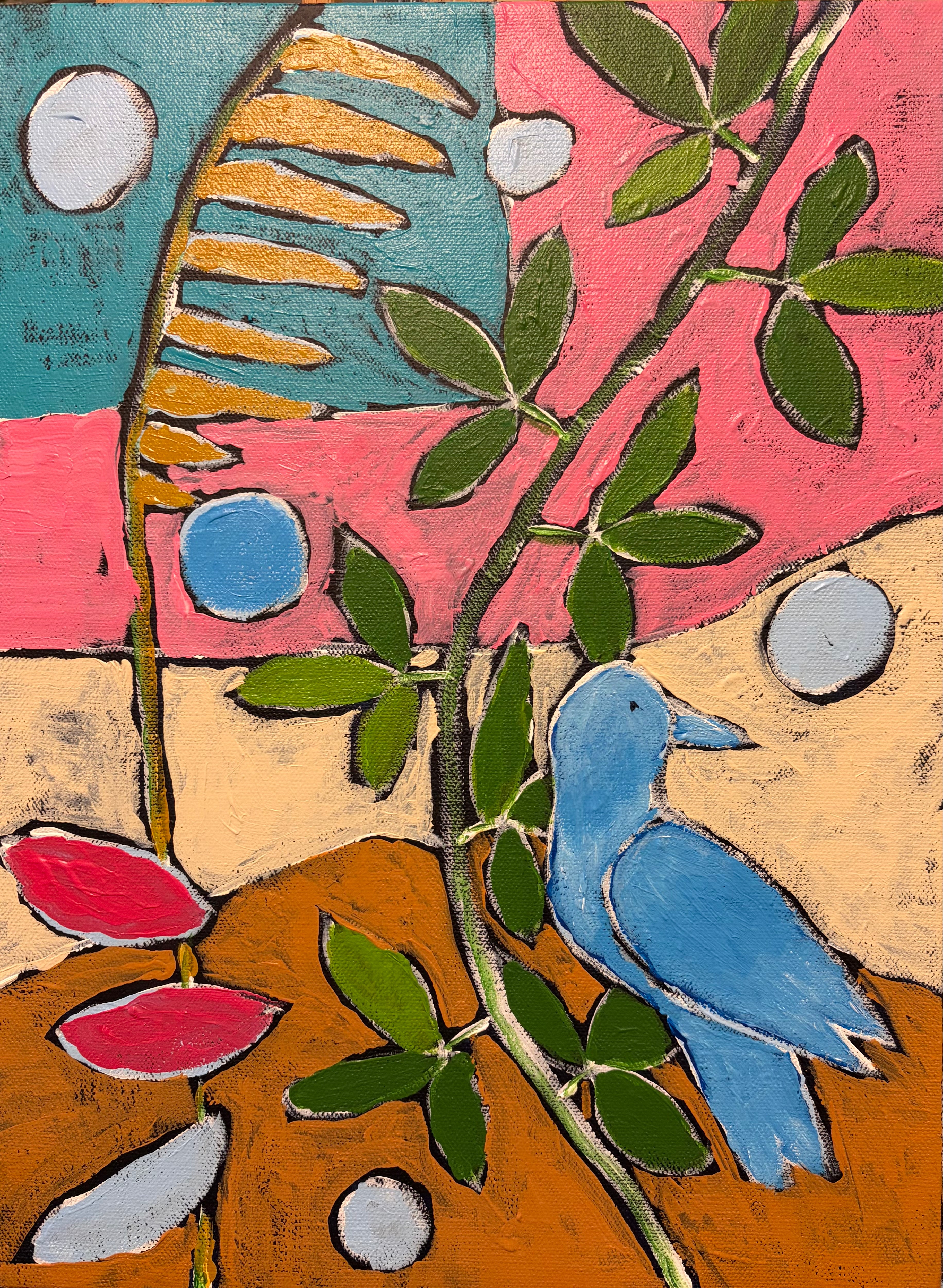 Geometric Songbird in Blooming Light – Original Acrylic Painting