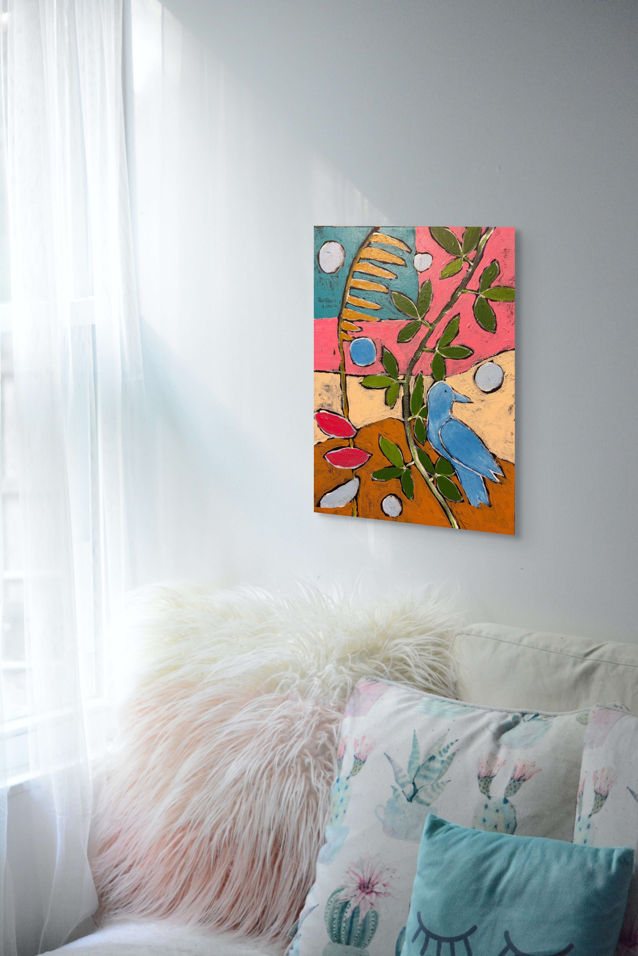 Geometric Songbird in Blooming Light – Original Acrylic Painting