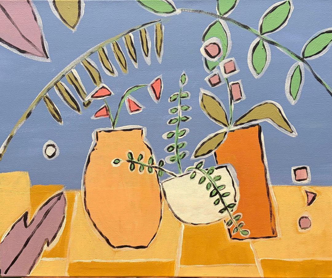 Terracotta Trio in Bloom – Original Acrylic Painting